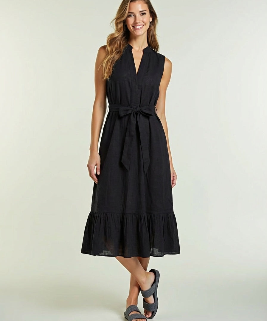 Black cotton midi dress with tie belt and tiered ruffle hem