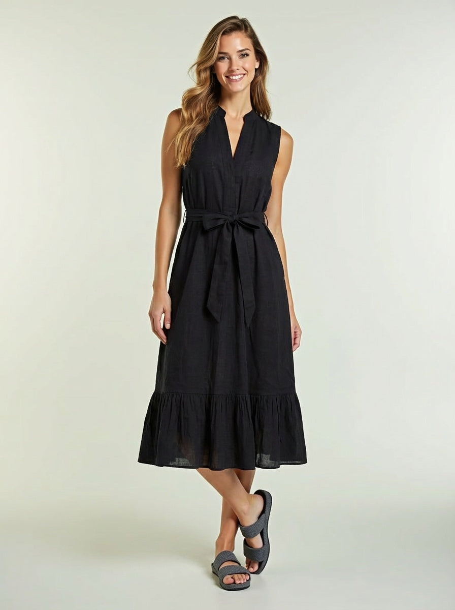Black cotton midi dress with tie belt and tiered ruffle hem