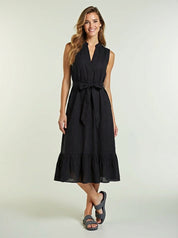Black cotton midi dress with tie belt and tiered ruffle hem