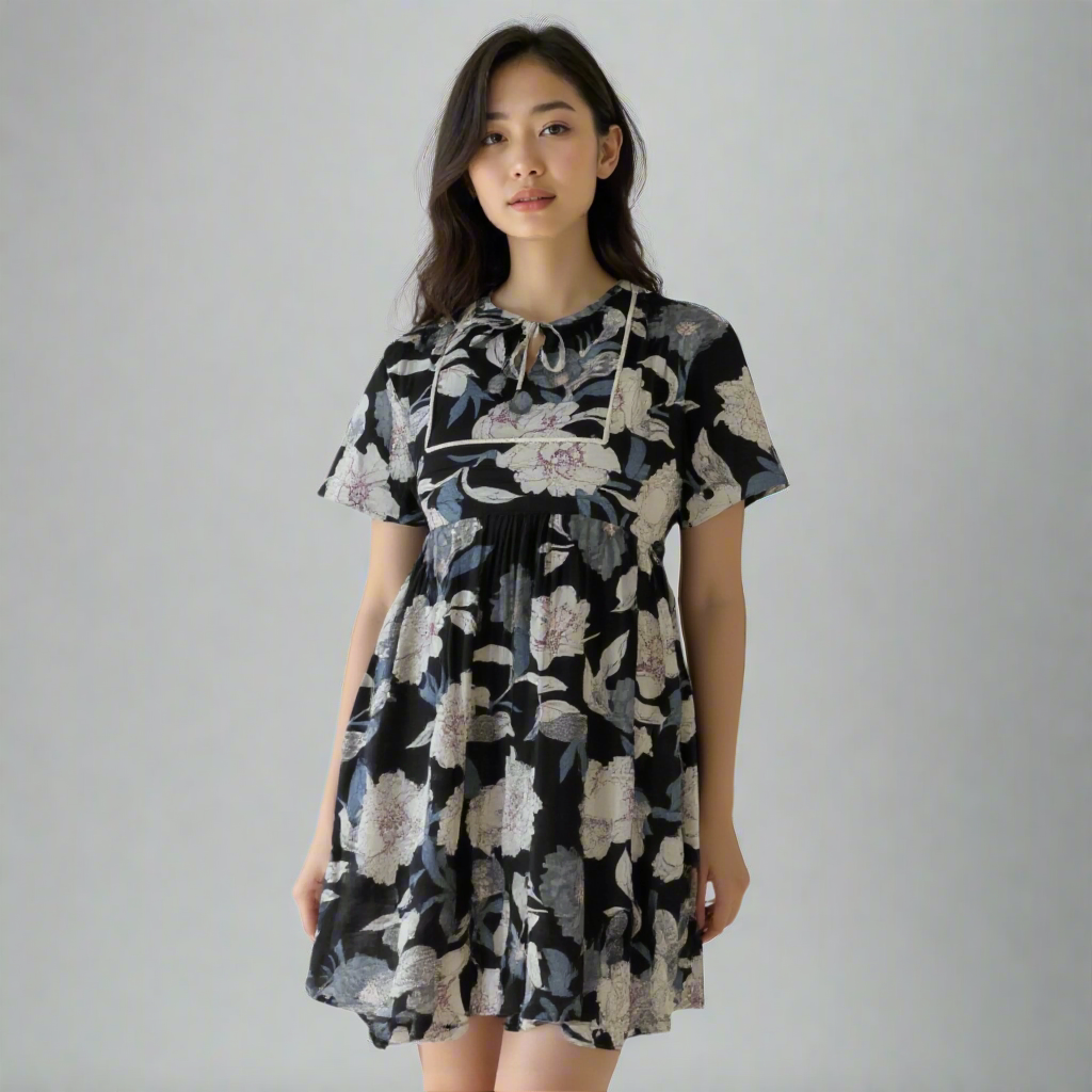 Black floral print babydoll dress with adjustable tie neck detail