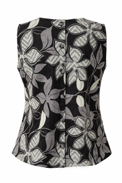 Black sleeveless top with gray floral pattern on a white background