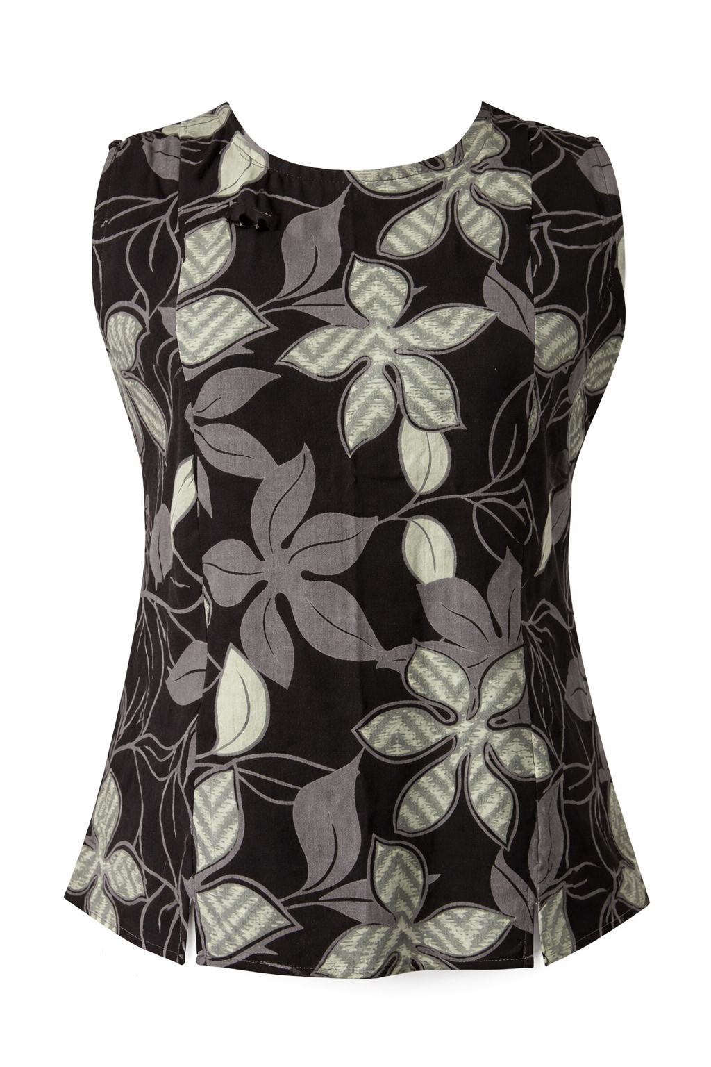 Black sleeveless top with floral pattern on a white background