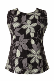 Black sleeveless top with floral pattern on a white background