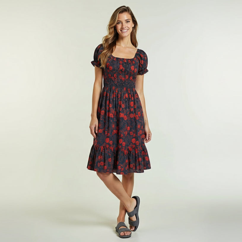 Black handloom cotton midi dress with red and orange floral print