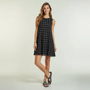 Black cotton linen sleeveless shift dress with white windowpane check