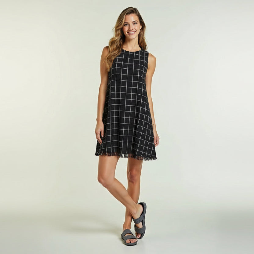 Black cotton linen sleeveless shift dress with white windowpane check