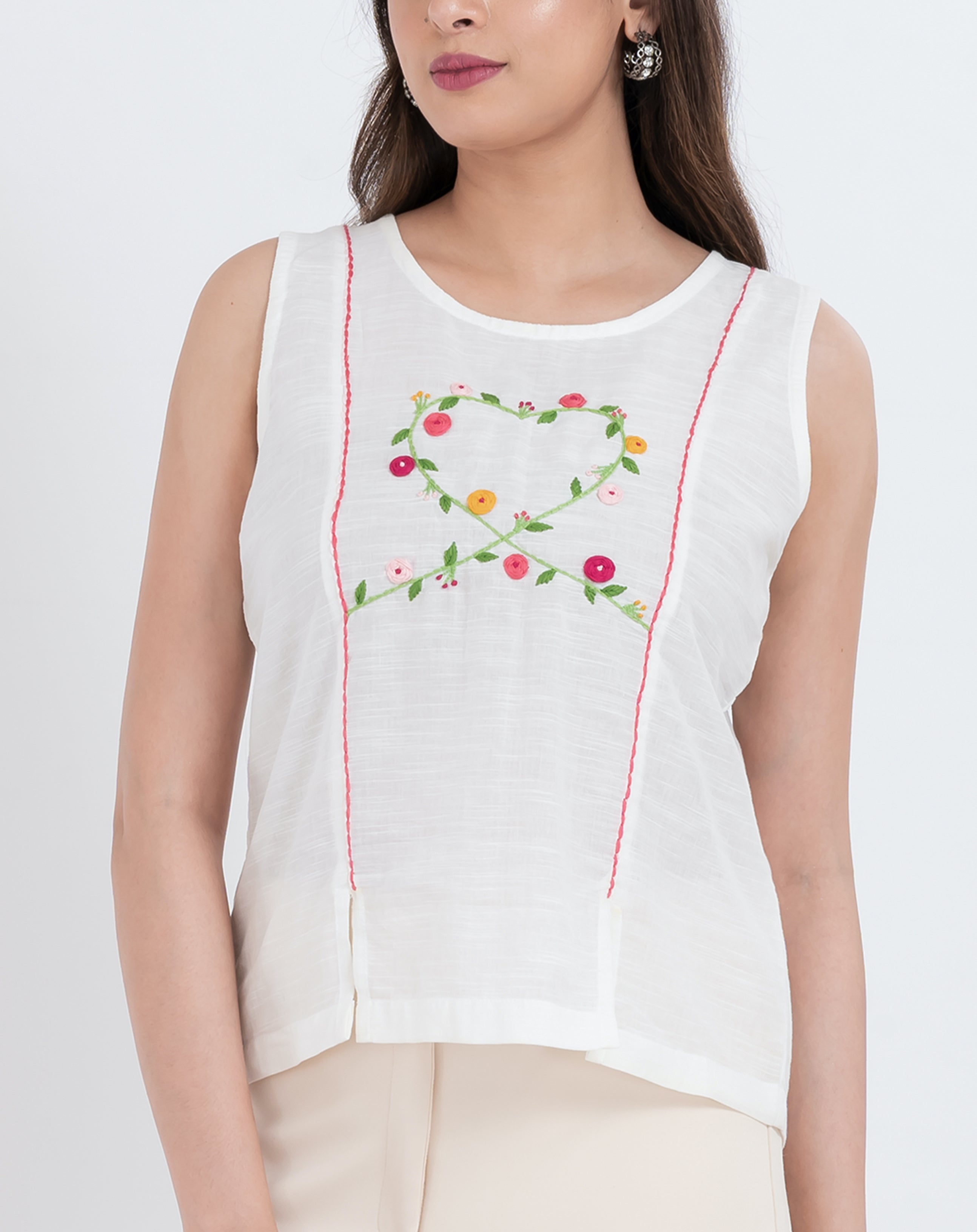 Floral embroidered boho tank top with heart vine design