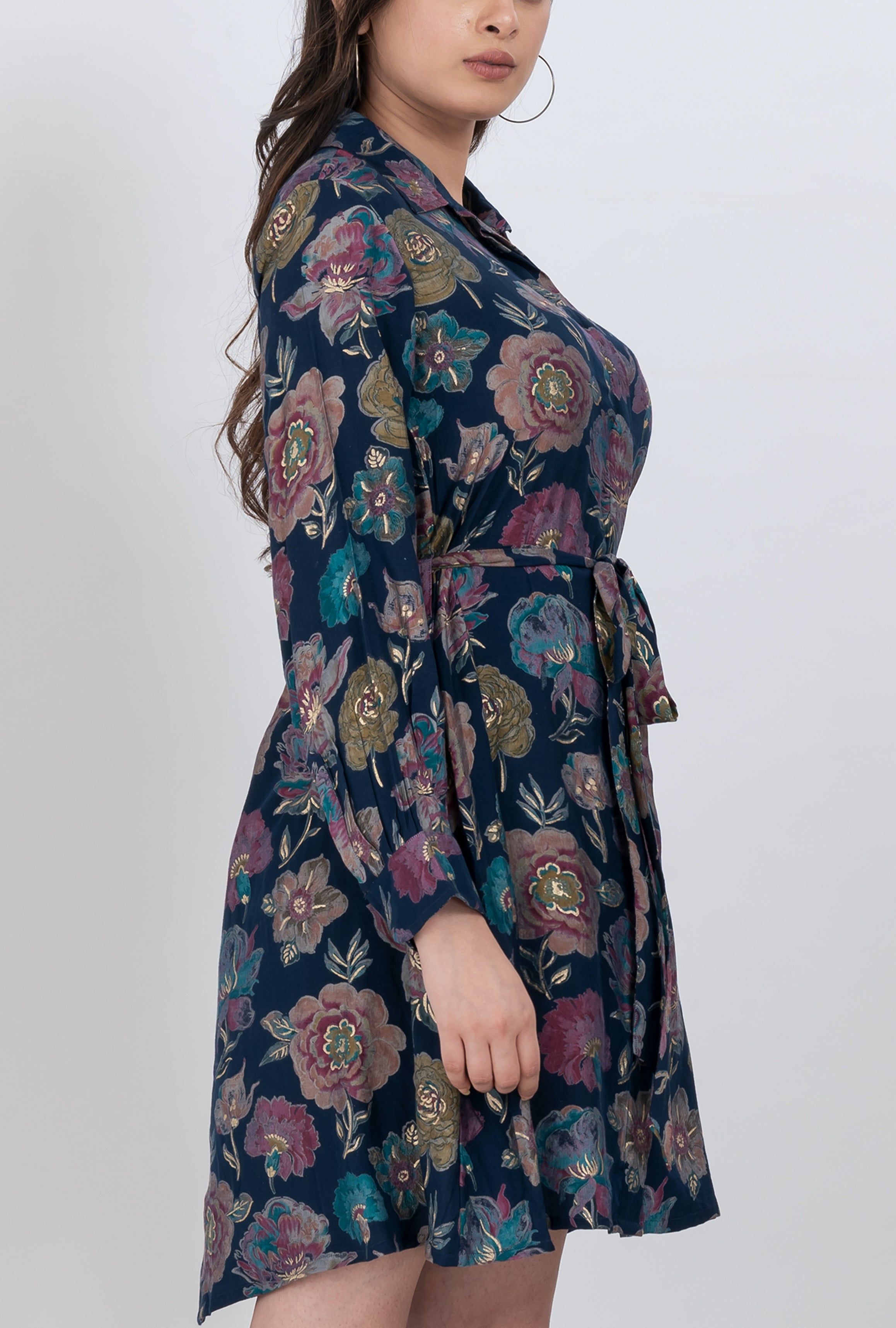 Botanical print long sleeve shirt mini dress with A-line cut