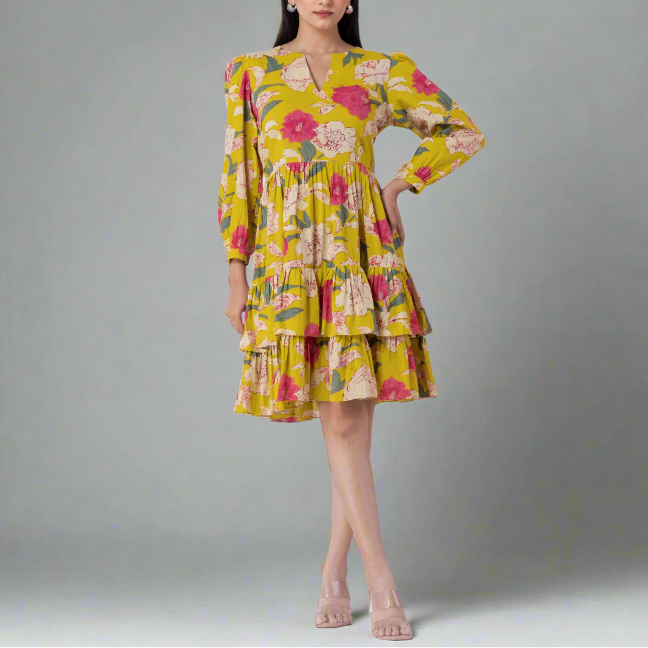 Boho floral cotton tiered mini dress with v-neck