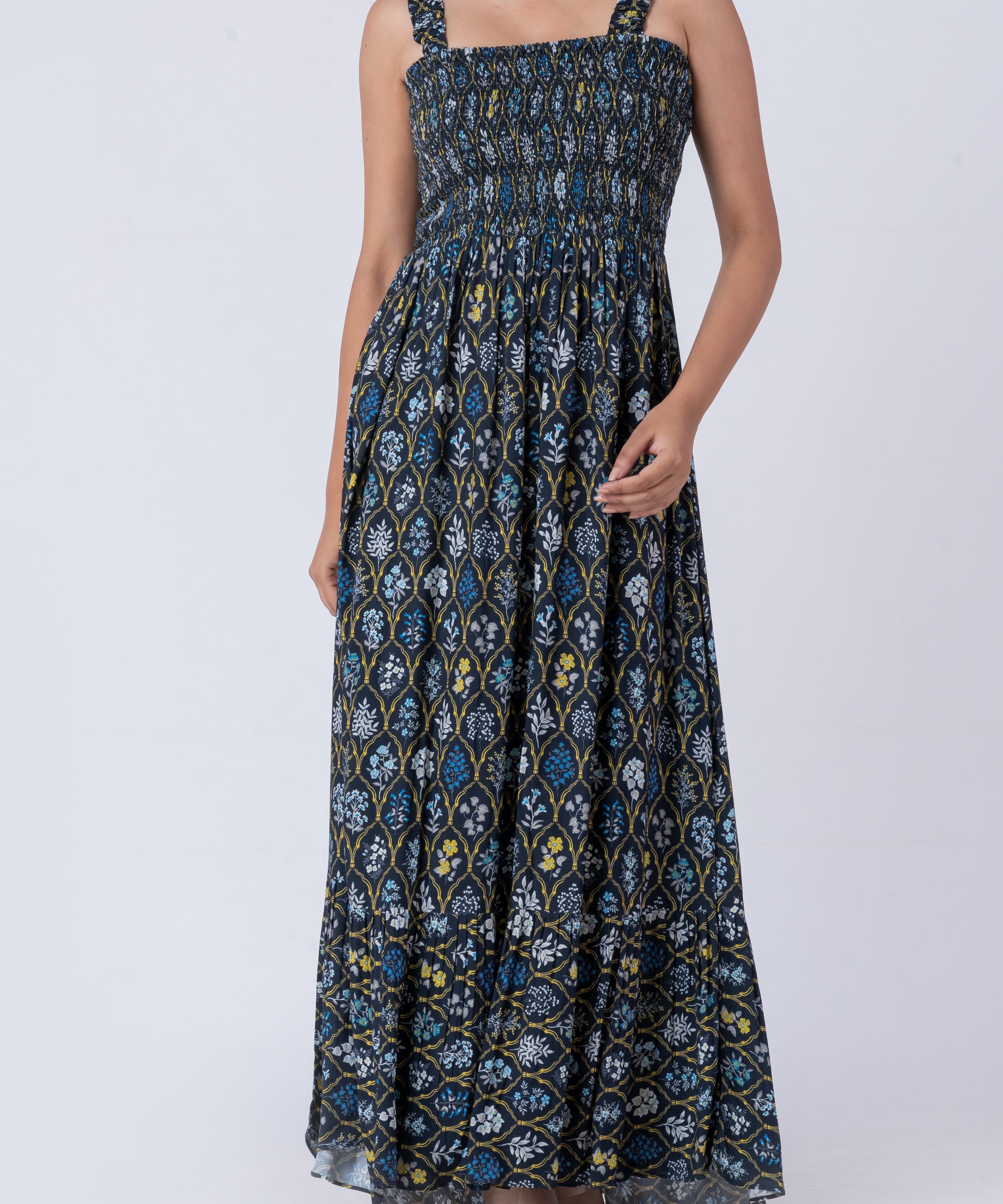 Close-up of the smocked bodice and floral print of the maxi dress.