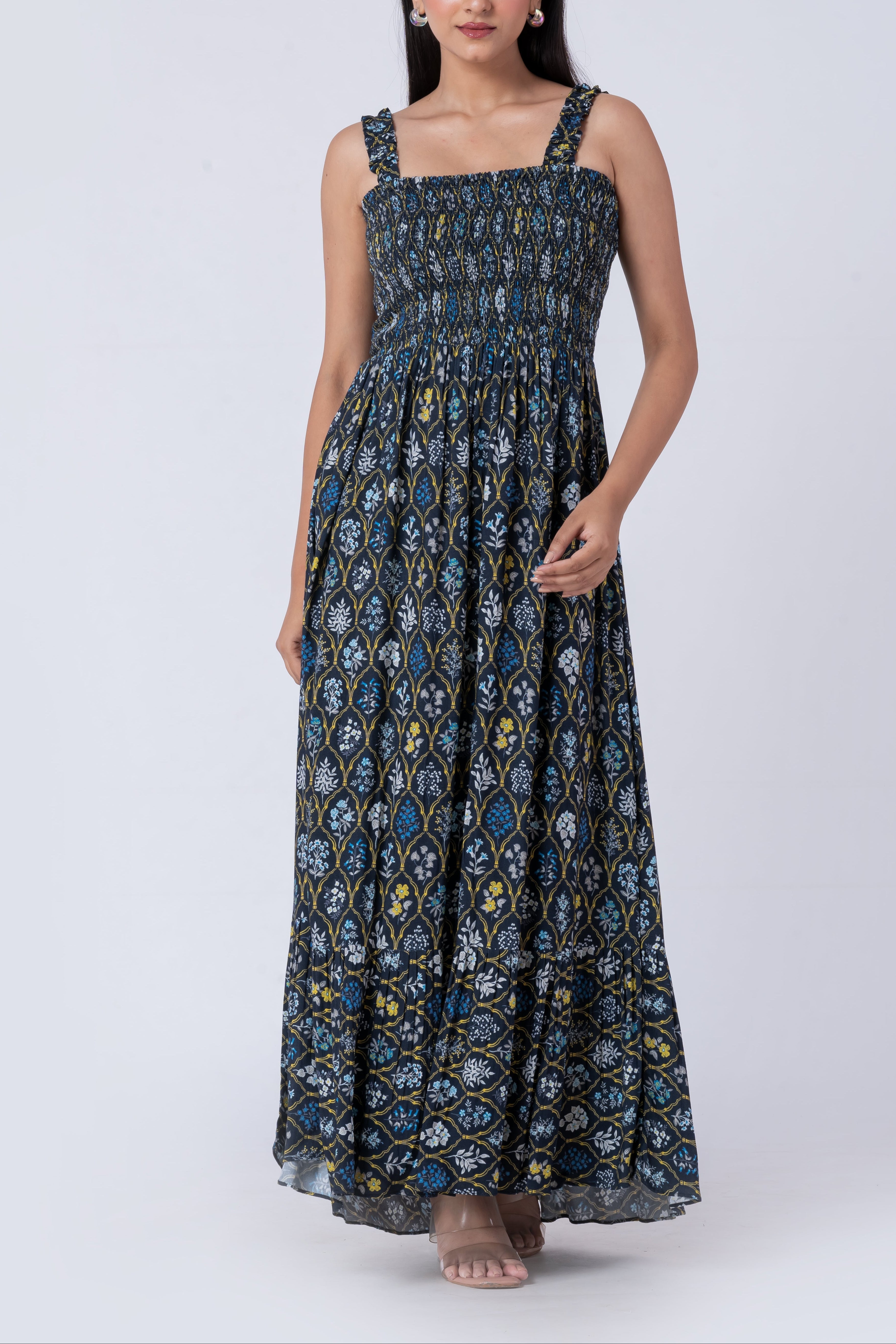 Close-up of the smocked bodice and floral print of the maxi dress.