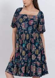 Floral square neck mini dress with puff sleeves