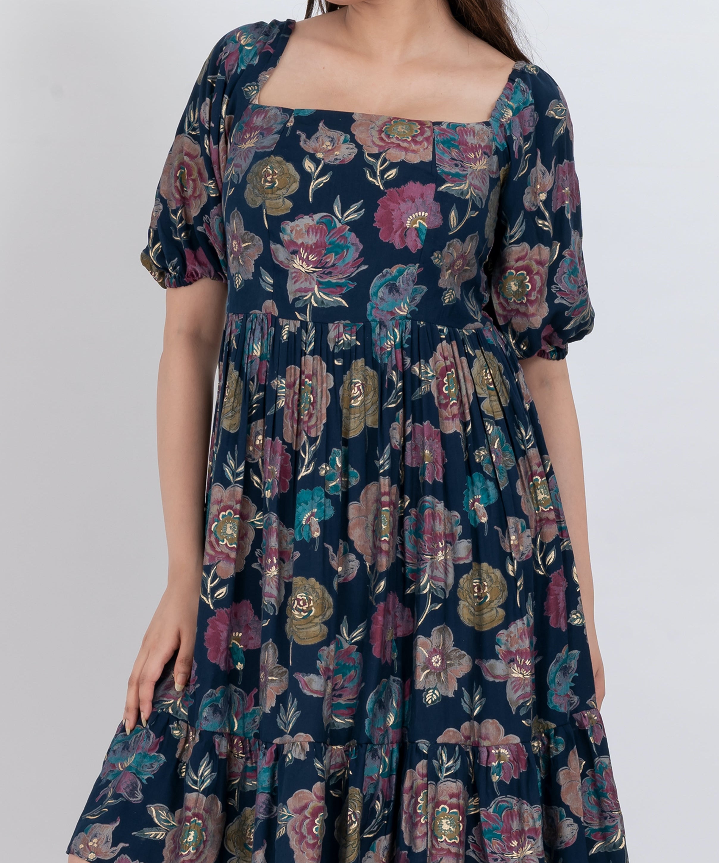Floral square neck mini dress with puff sleeves