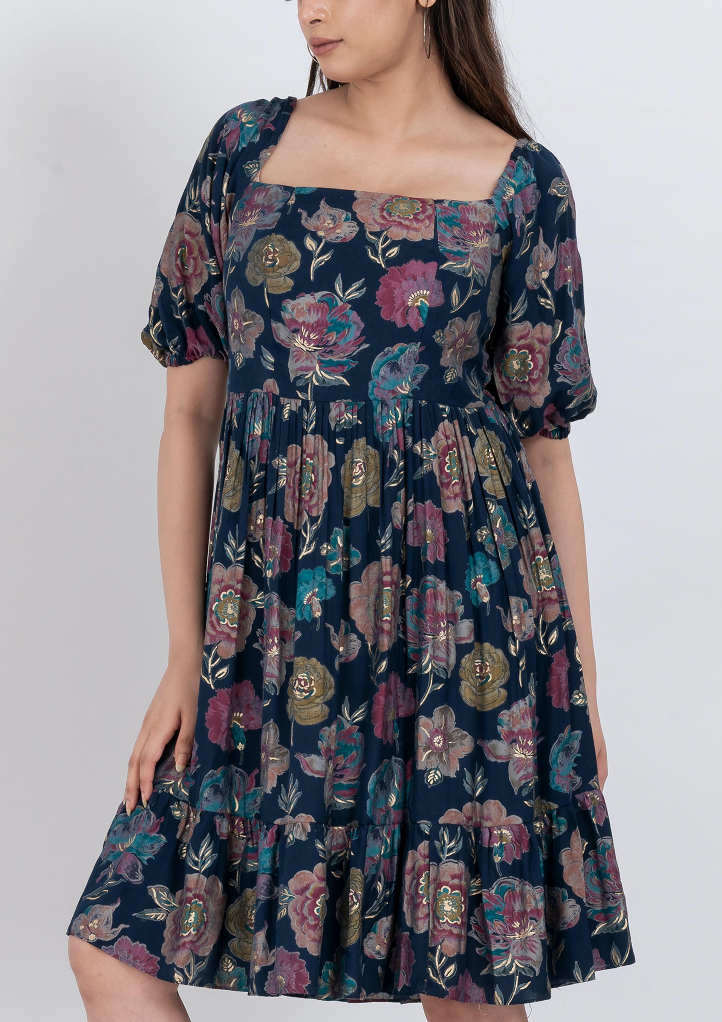 Floral square neck mini dress with puff sleeves