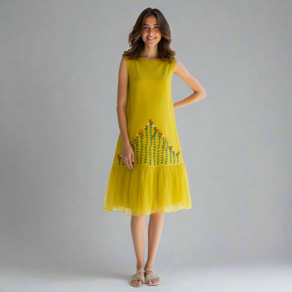 botanical hand embroidery on cotton silk midi dress with clean neckline