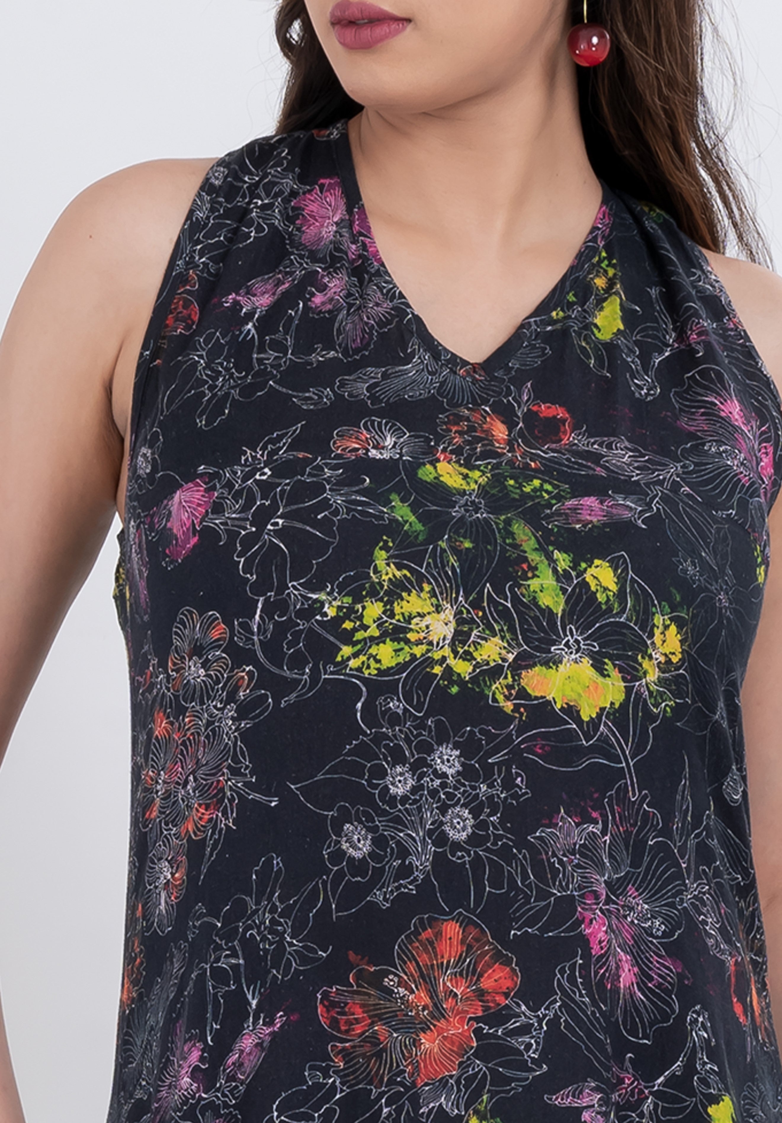 lightweight handloom cotton maxi dress with tropical botanical floral print perfect for beach vacations and summer outings.