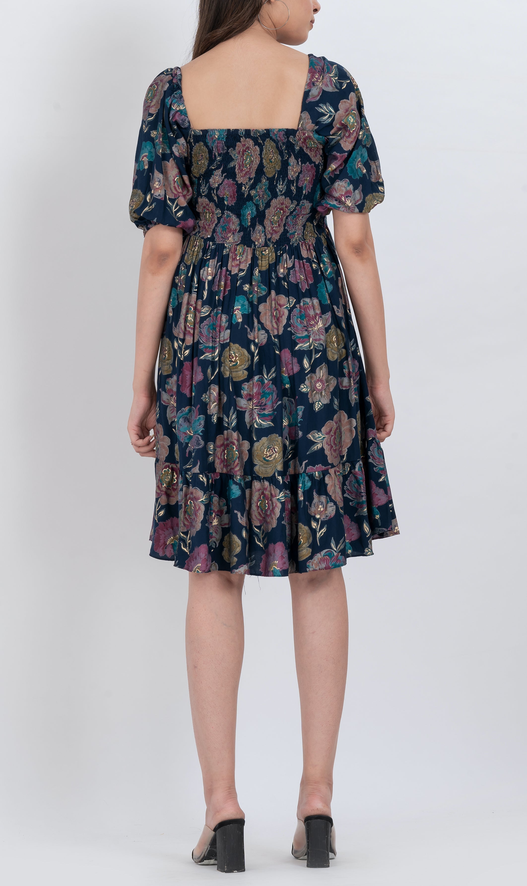 Botanical print short flowy A-line dress with puff sleeves