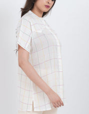 casual cotton grid print short sleeve blouse