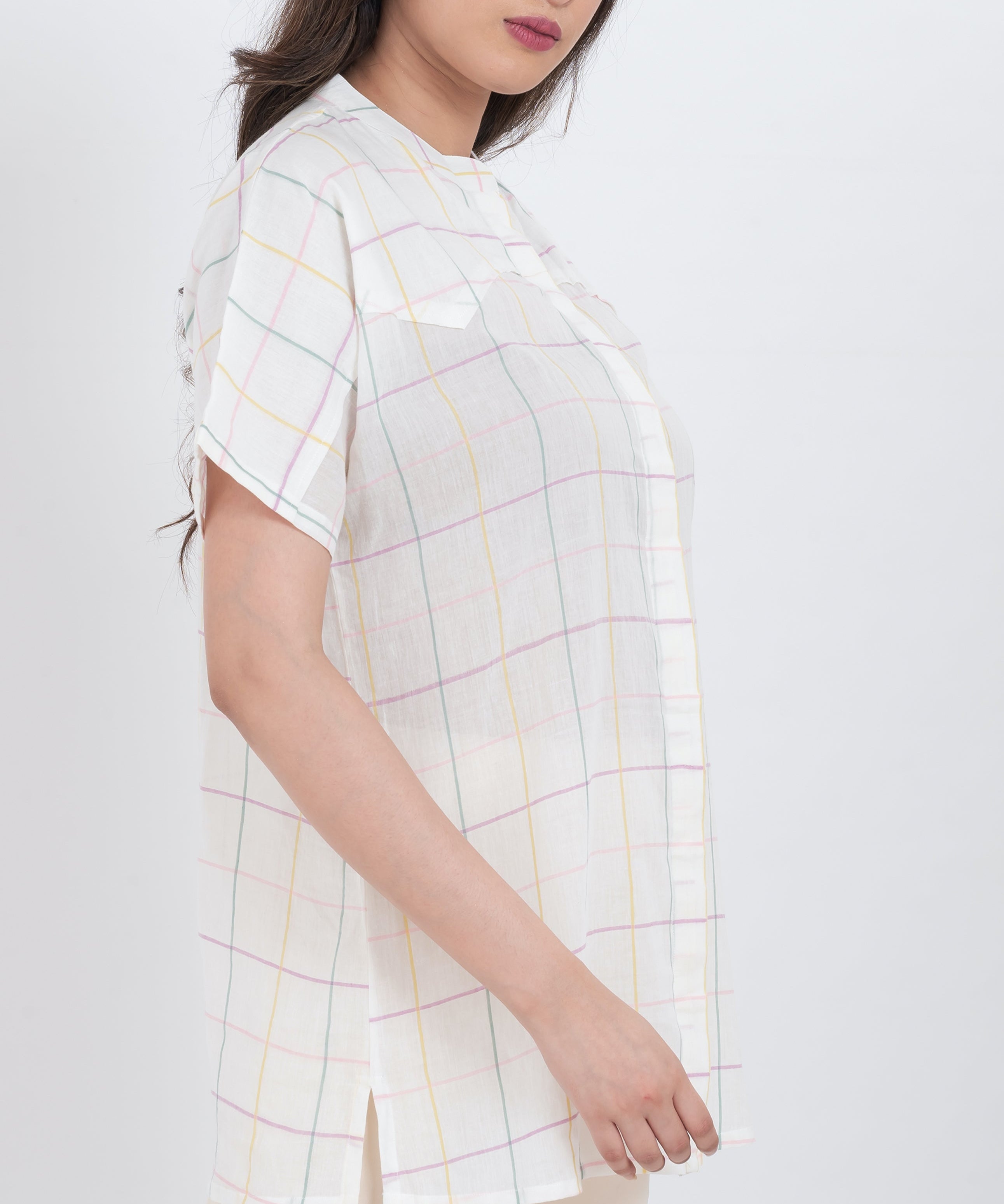 casual cotton grid print short sleeve blouse