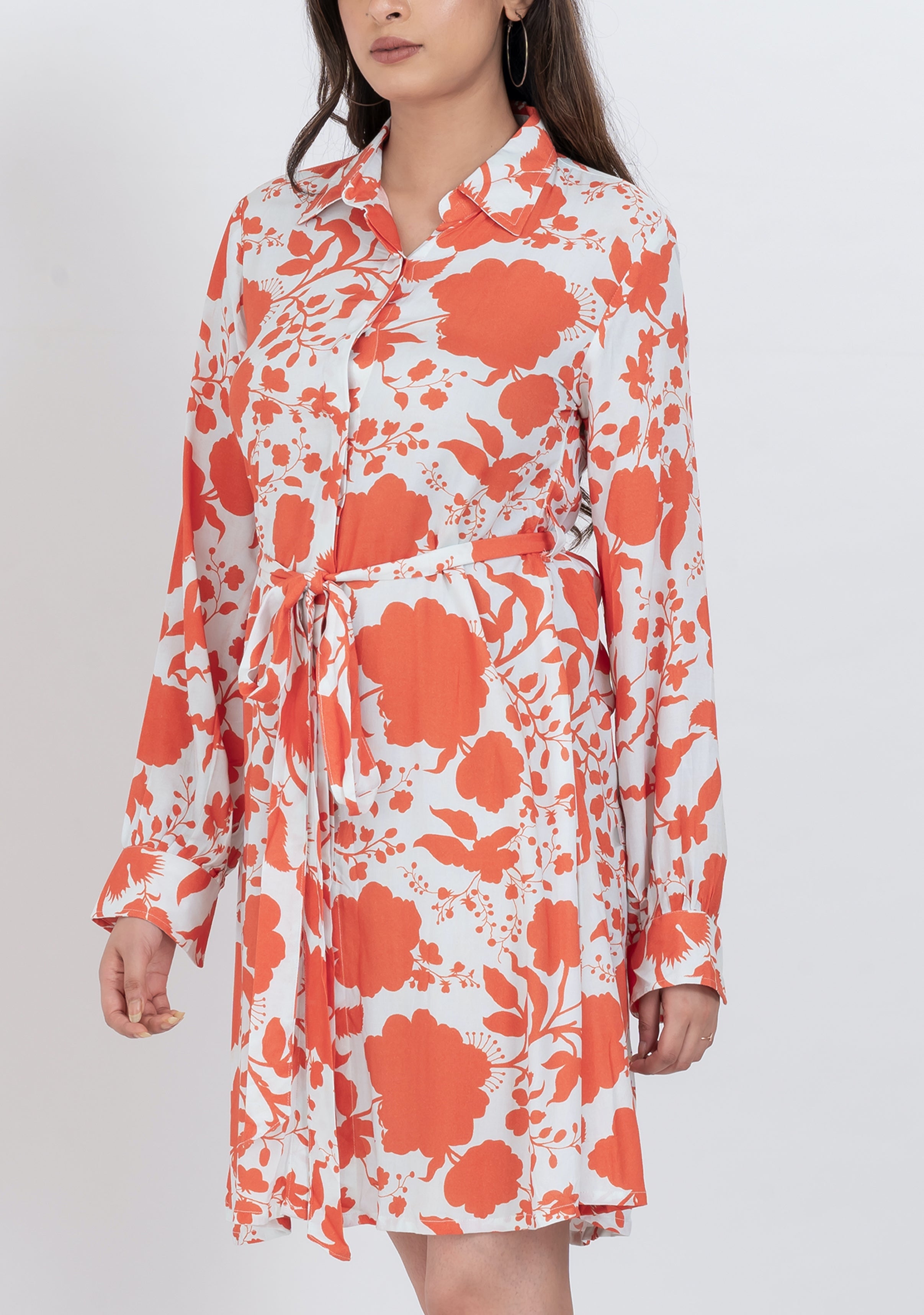 Chic floral shirt collar mini dress with long sleeves