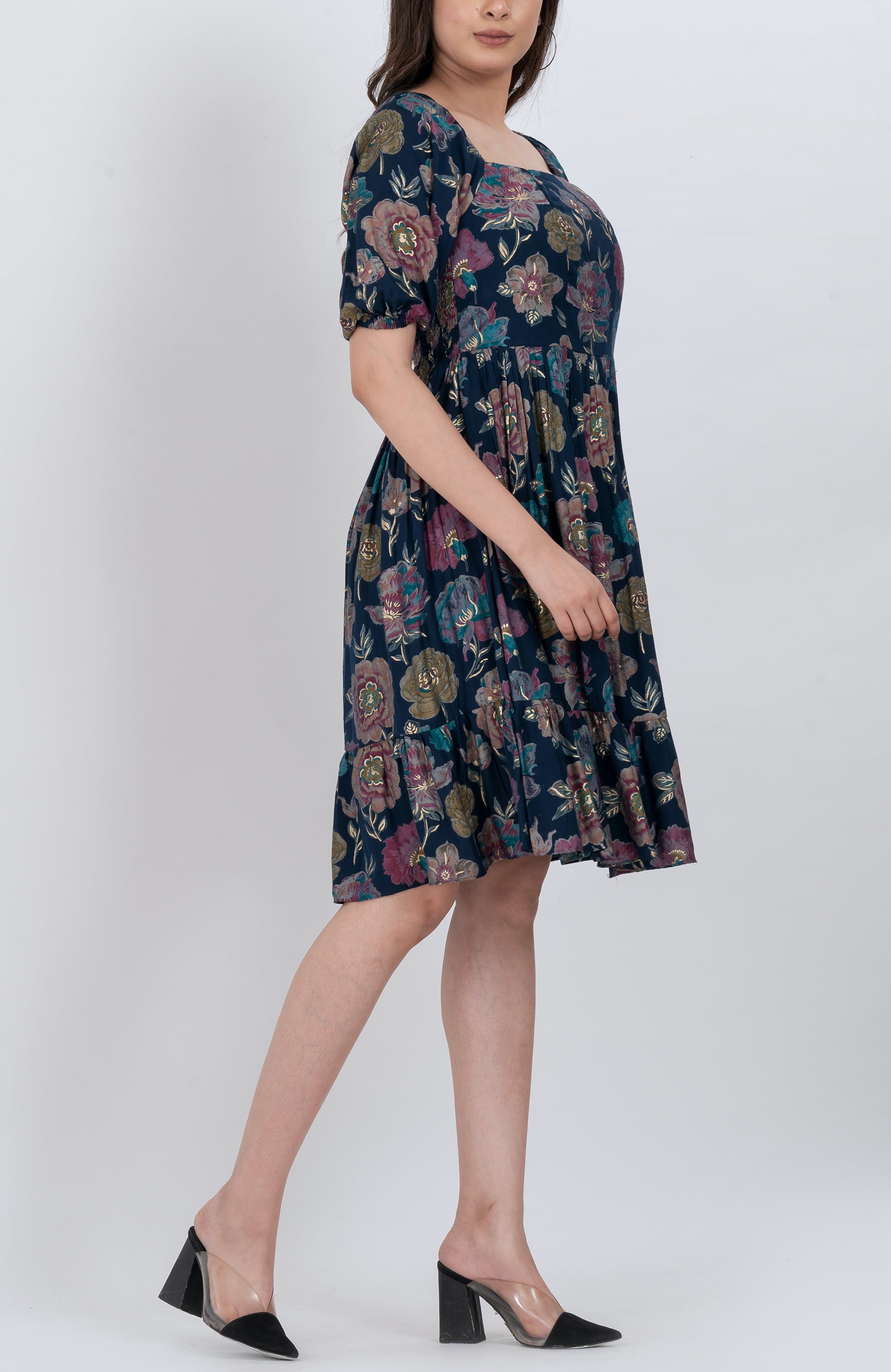Romantic floral short A-line dress with botanical print