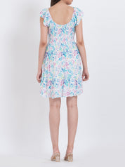 Casual botanical print smocked mini dress with short length