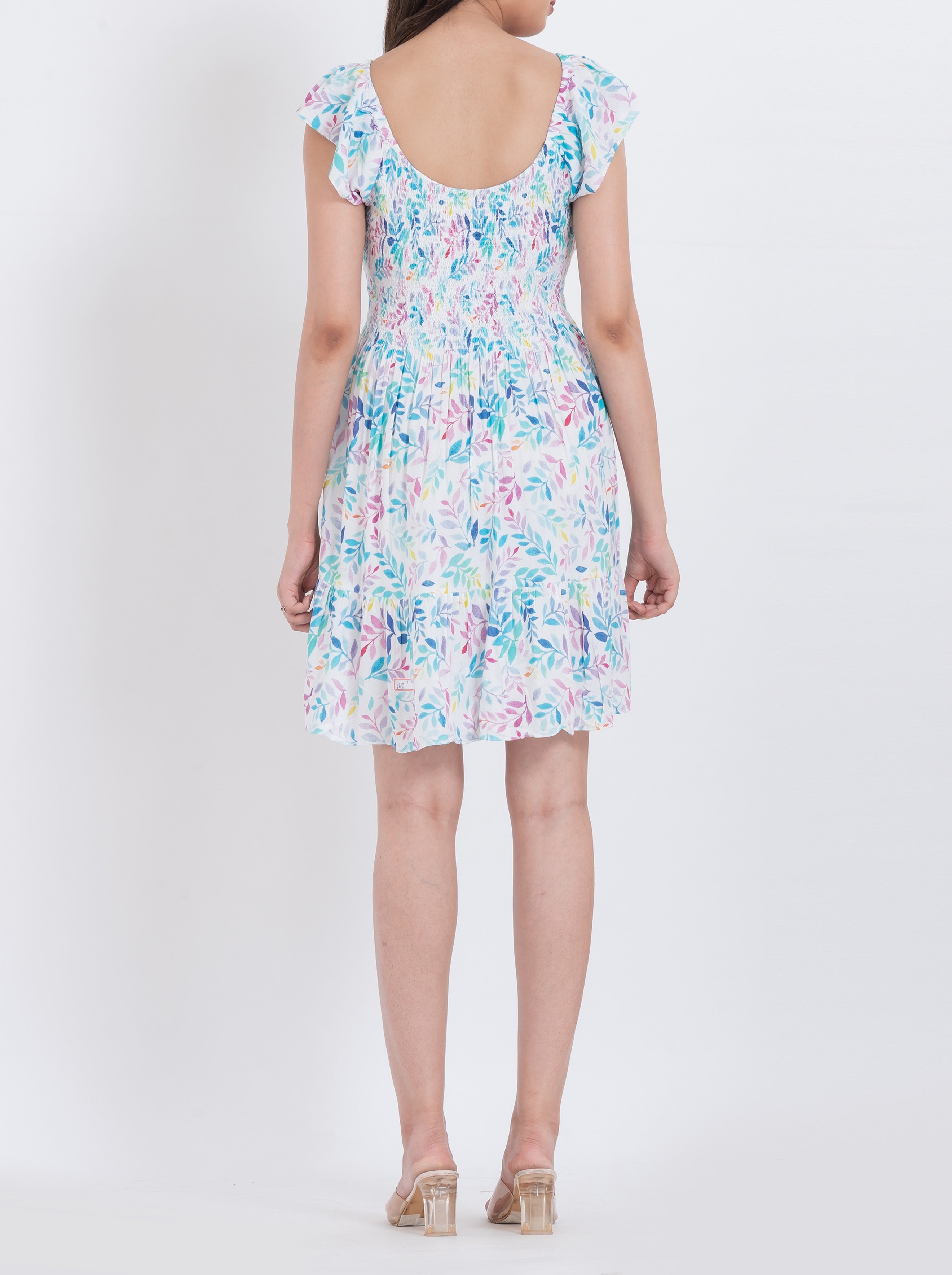 Casual botanical print smocked mini dress with short length