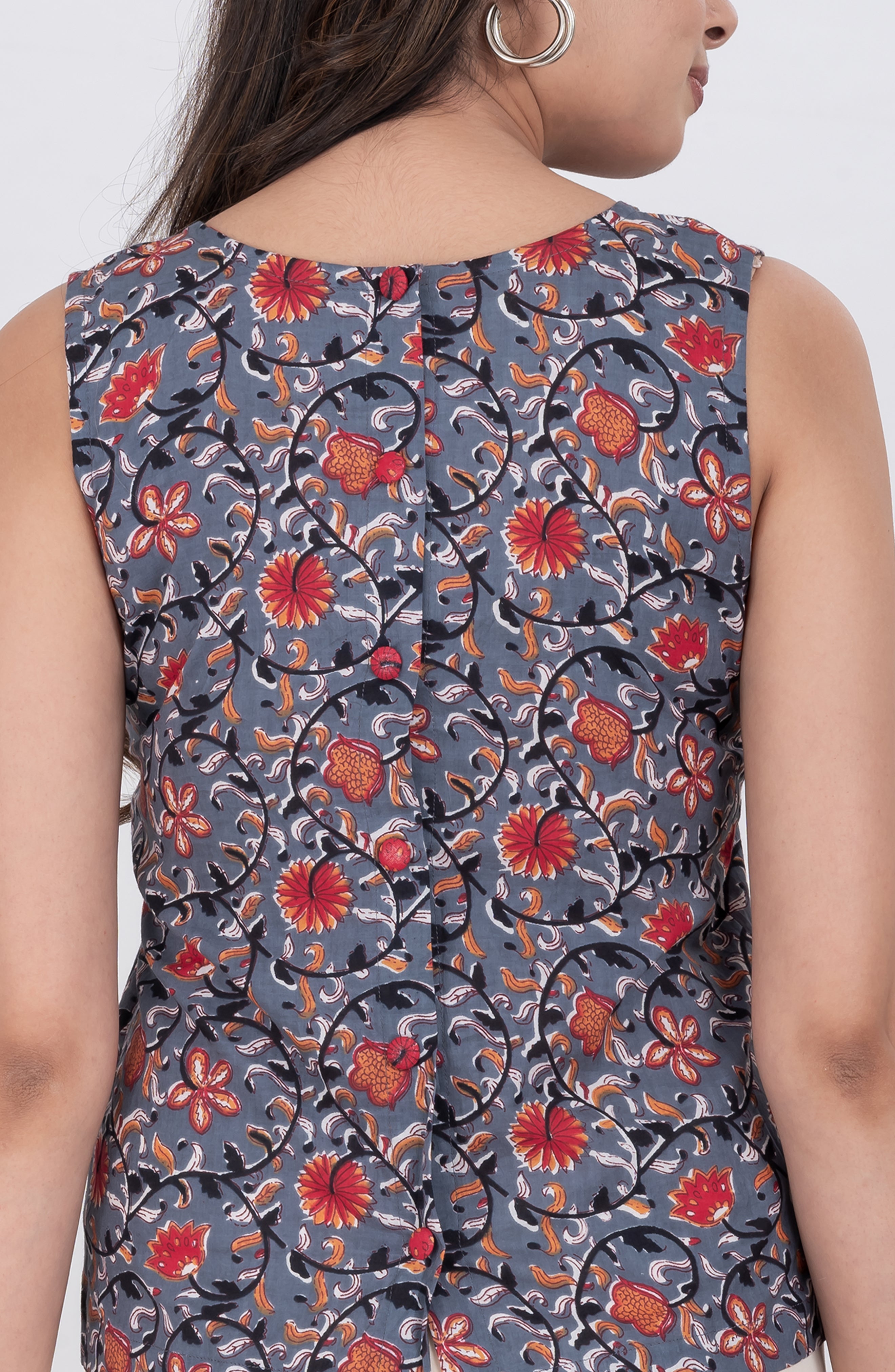 ethnic floral cotton sleeveless blouse