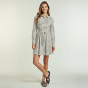 Cotton linen mini shirt dress with black windowpane check