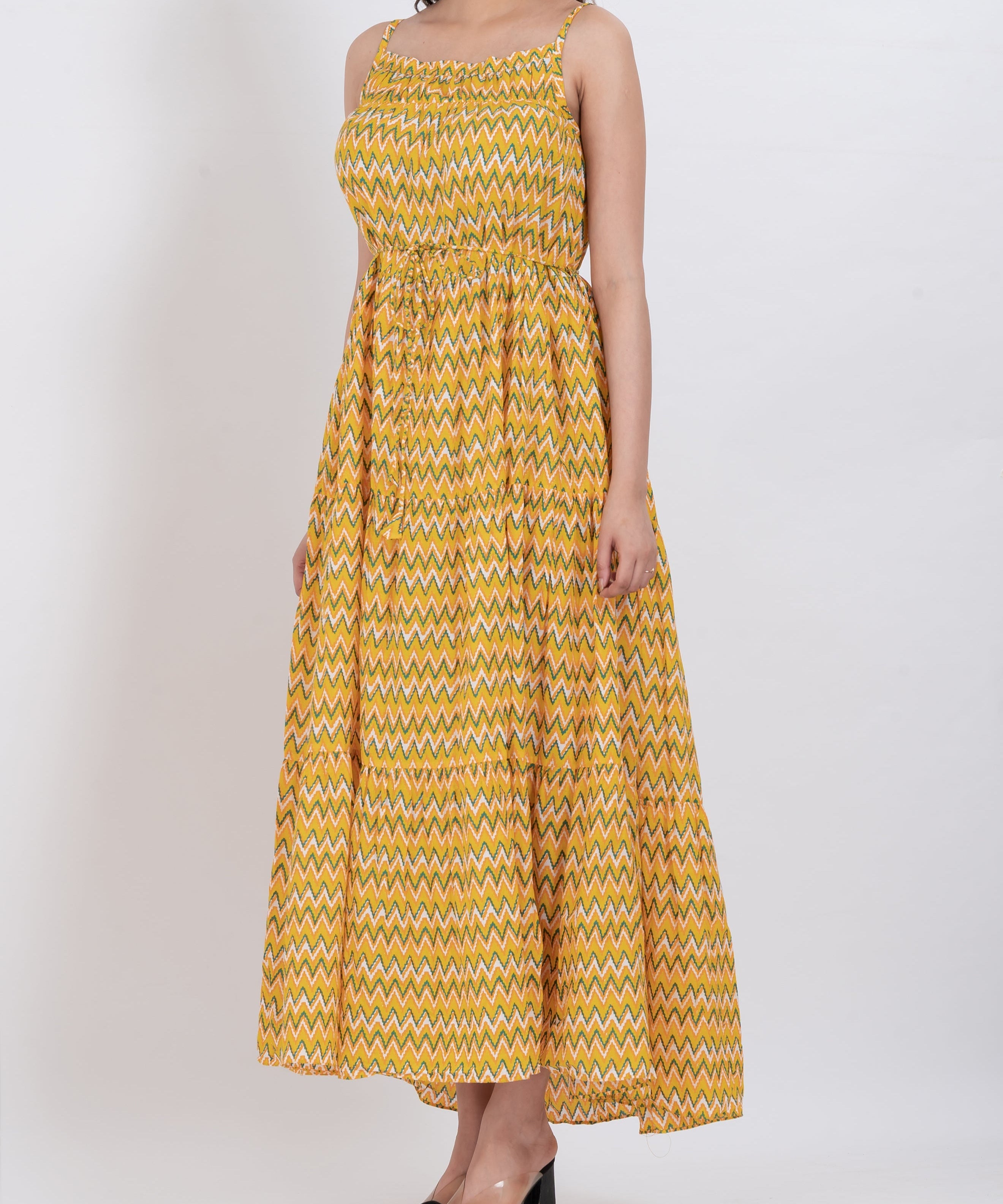 Chevron sleeveless cotton maxi dress with relaxed fit