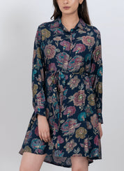Elegant floral shirt collar dress with belted waist tie
