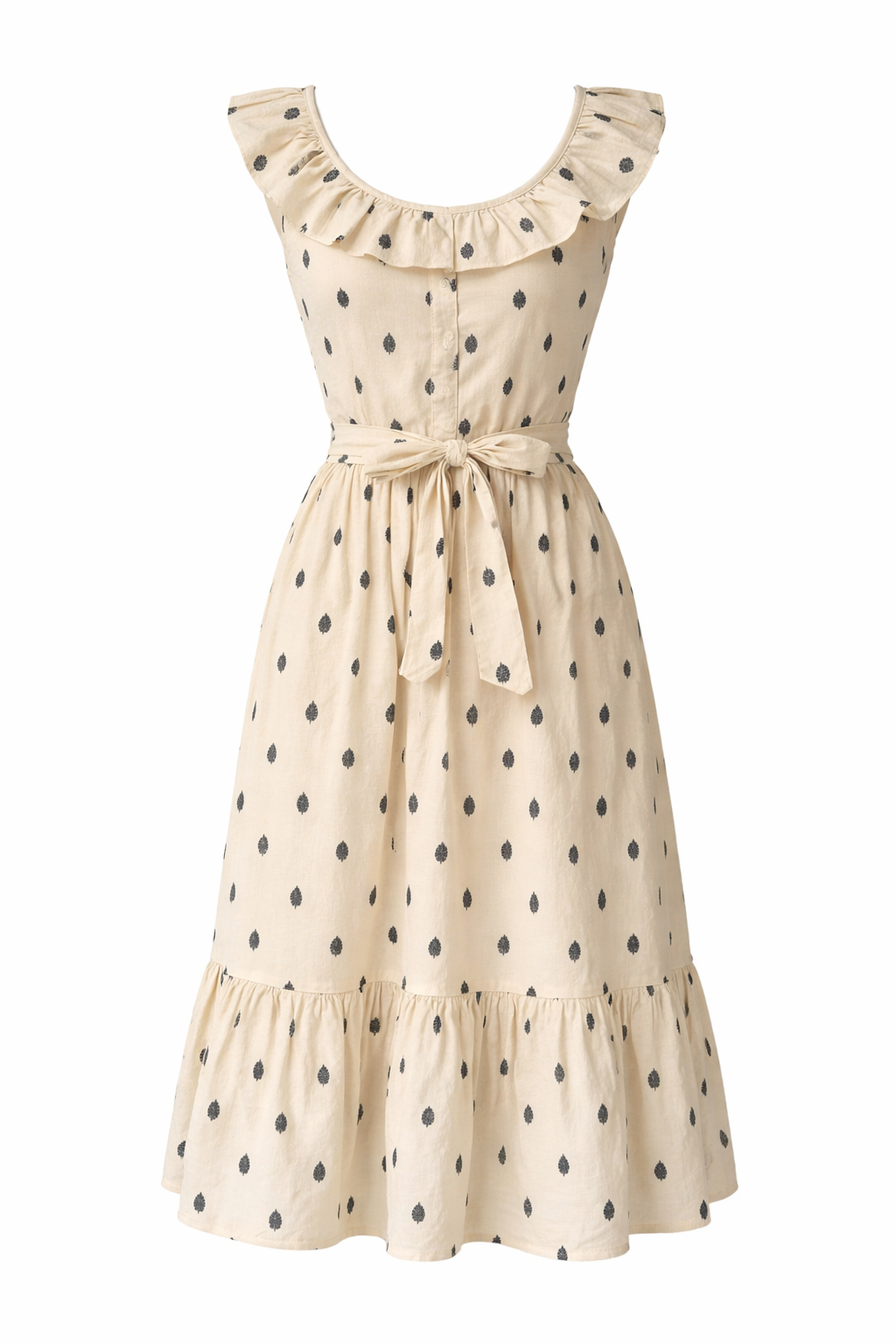 Classic flared silhouette ruffle trim midi dress
