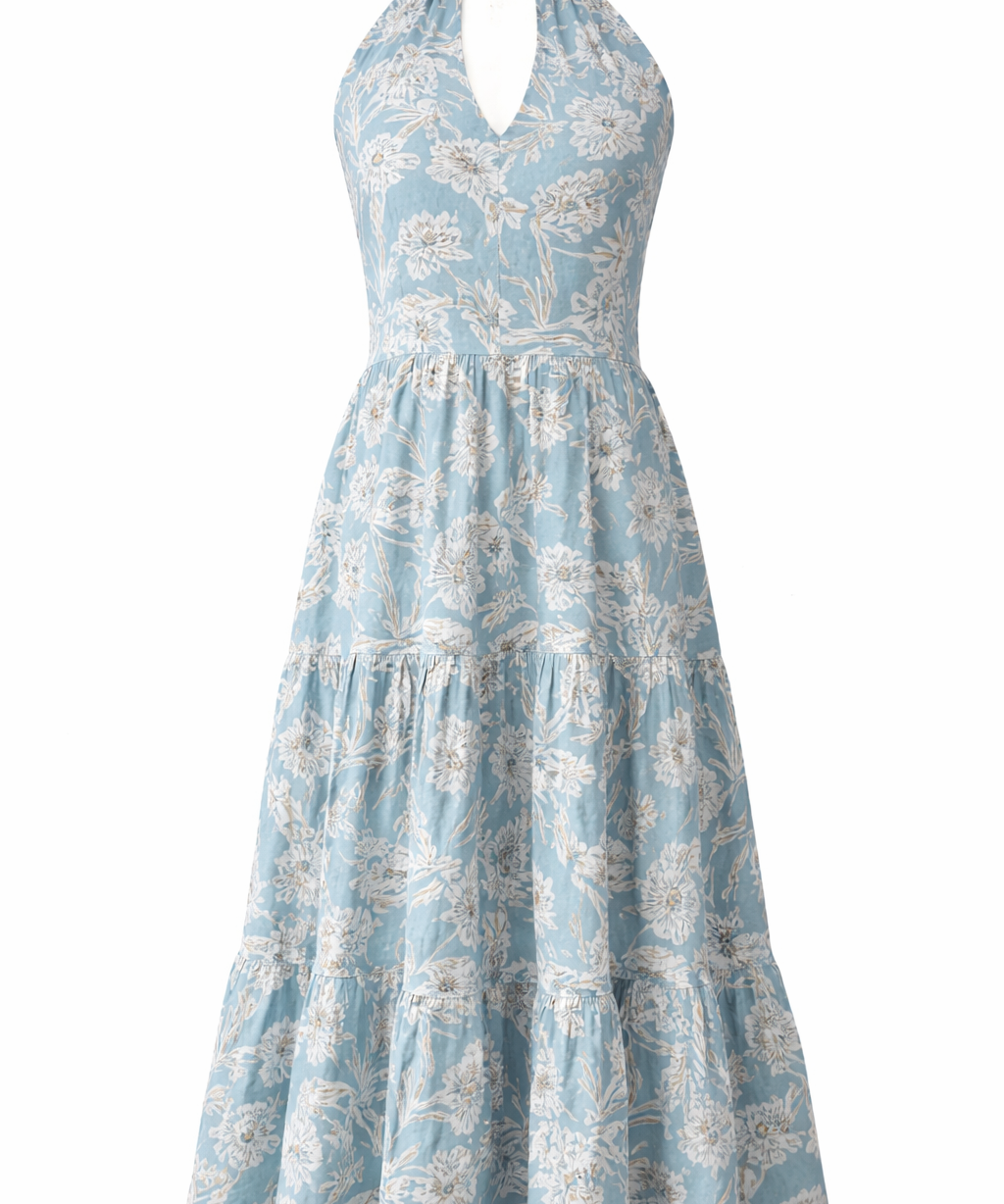 Blue floral dress with a halter neck