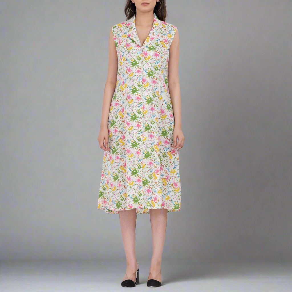 Colorful floral print midi dress with button-down front and sleeveless design