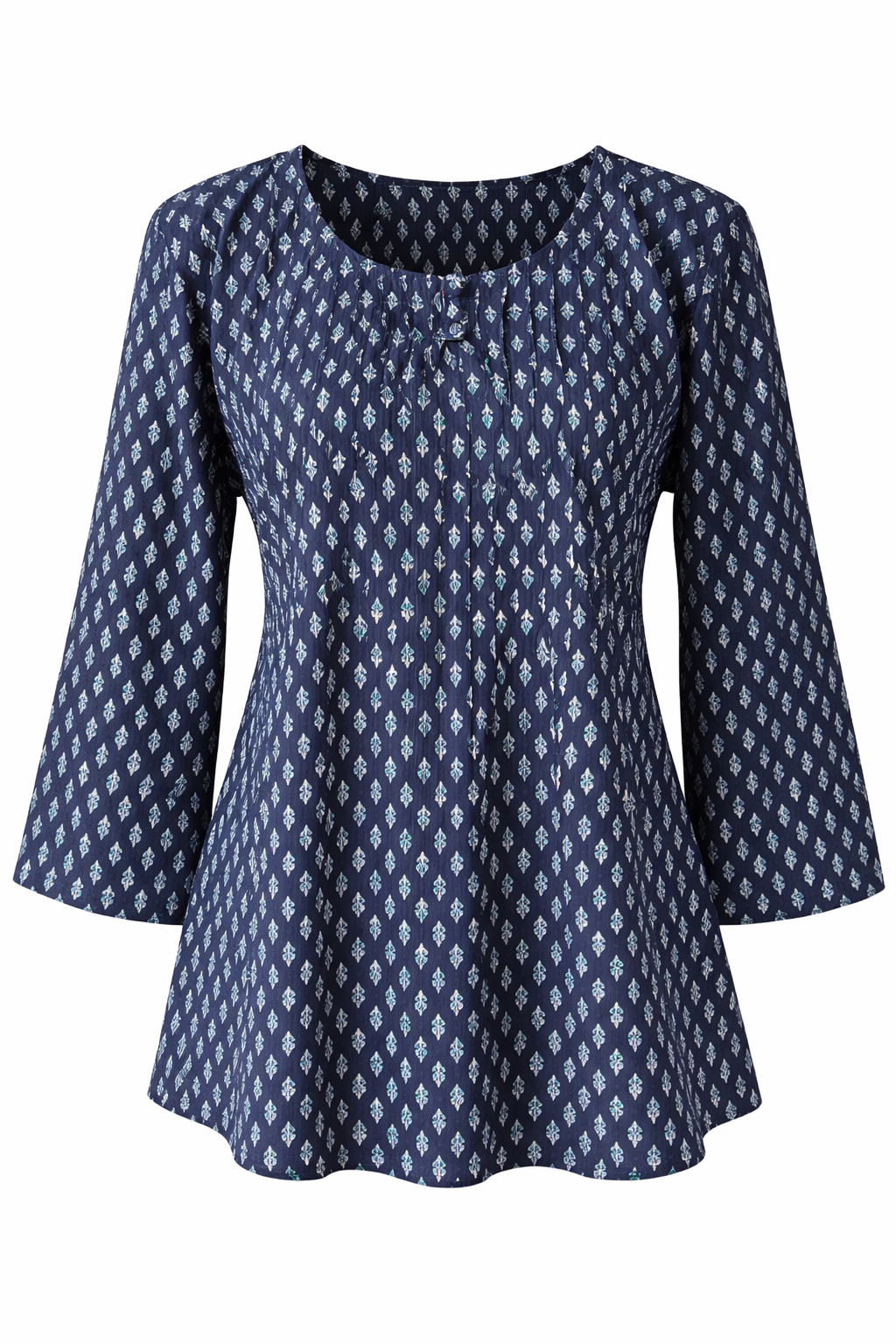 Blue patterned blouse with 3/4 sleeves on a white background