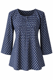 Blue patterned blouse with 3/4 sleeves on a white background