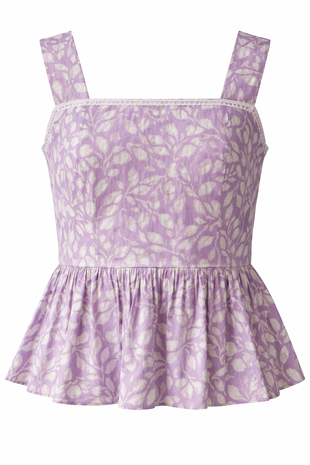 Lavender floral dress with thin straps on a white background