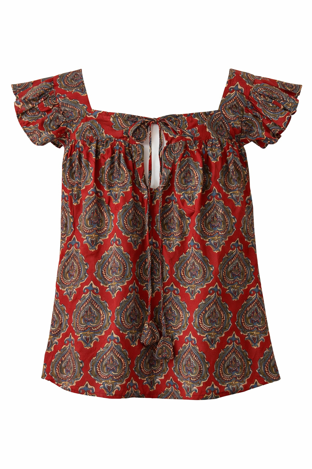 Red patterned off-shoulder top on a white background