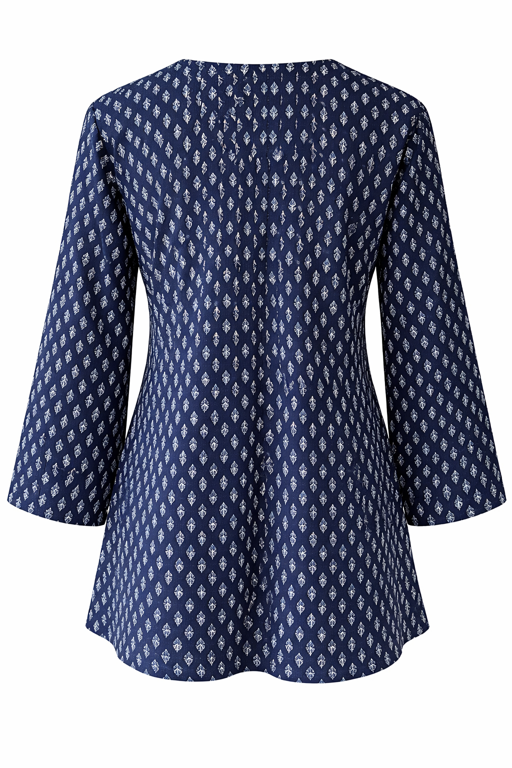 Blue patterned blouse with 3/4 sleeves on a white background