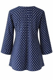 Blue patterned blouse with 3/4 sleeves on a white background