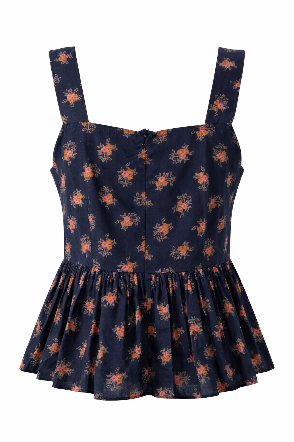 Navy blue dress with orange floral pattern on a white background