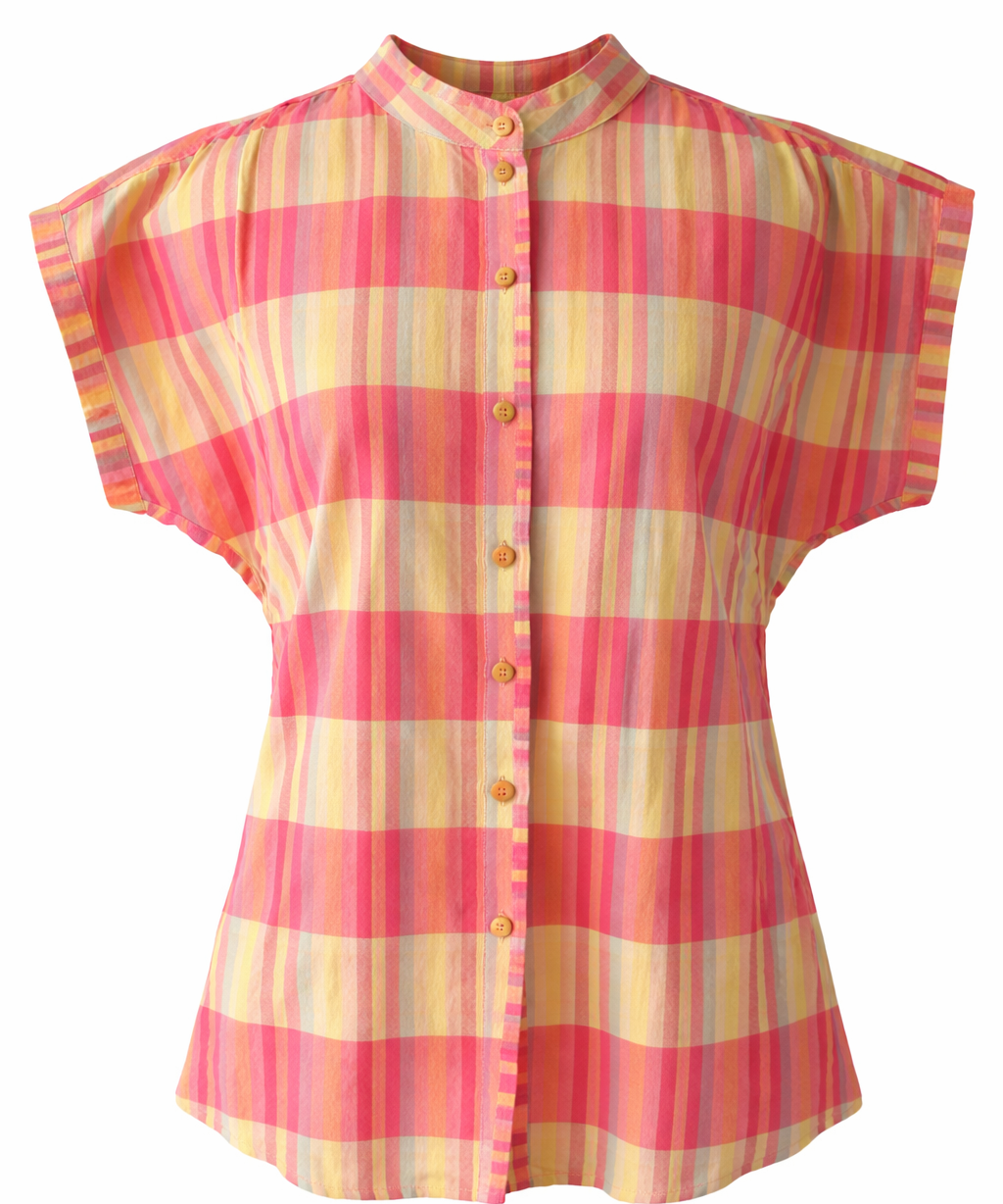 Pink and yellow checkered blouse on a white background