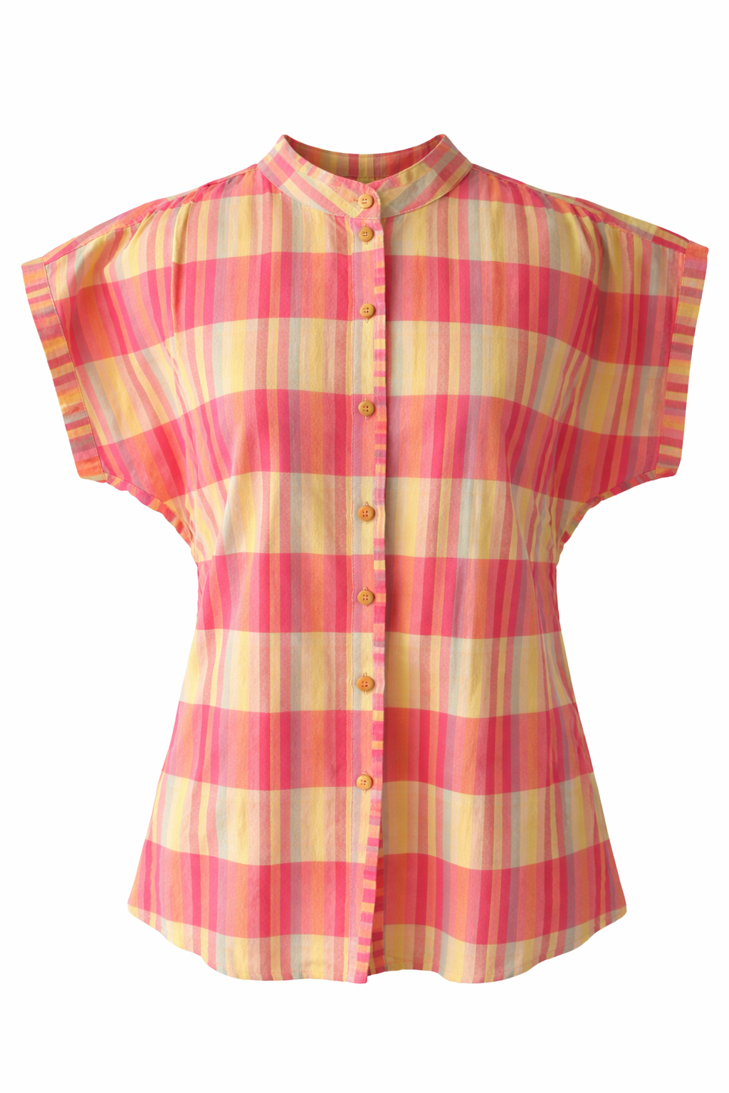 Pink and yellow checkered blouse on a white background