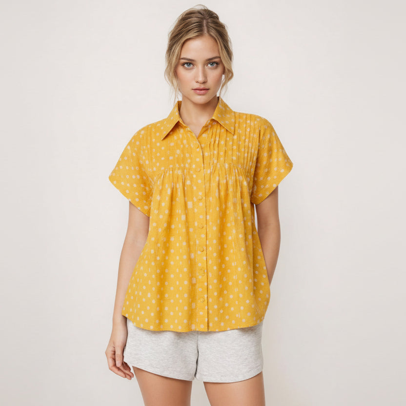 Cotton dobby button down top with geometric weave texture