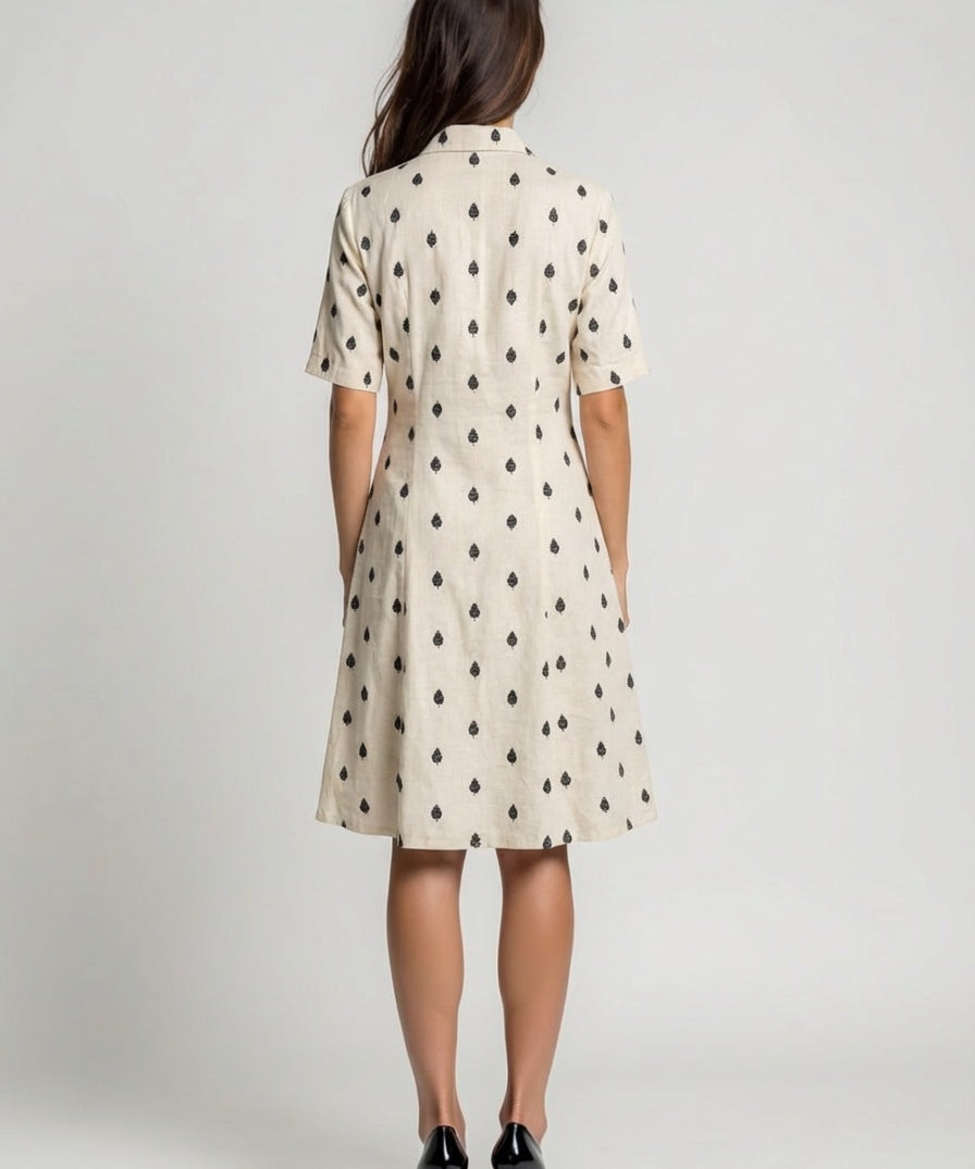otton dobby midi dress with geometric teardrop pattern