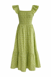 Cotton dobby midi dress with smocked bodice and square neckline