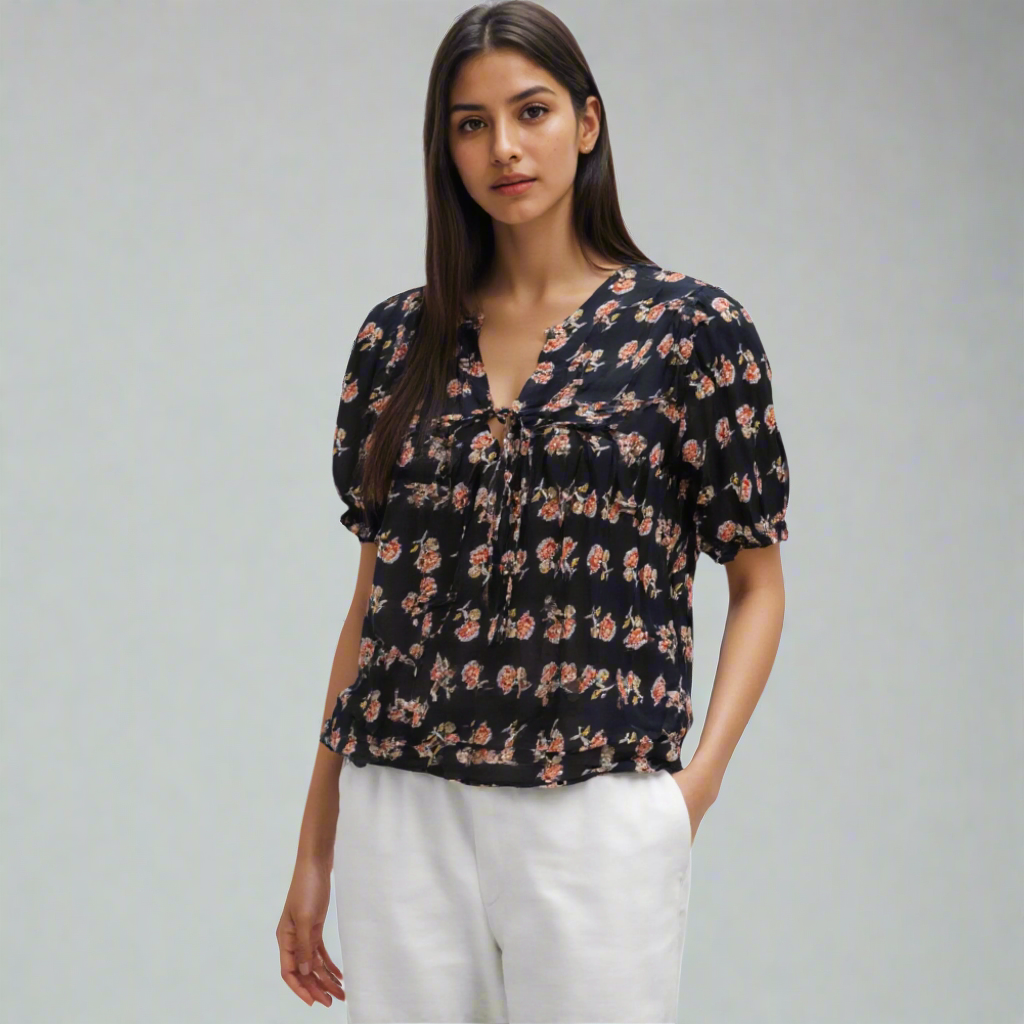 cotton floral print peasant blouse