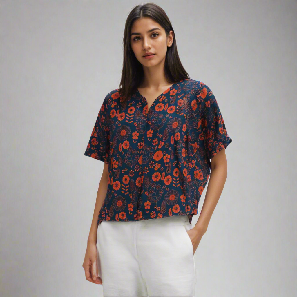 cotton floral print short sleeve blouse