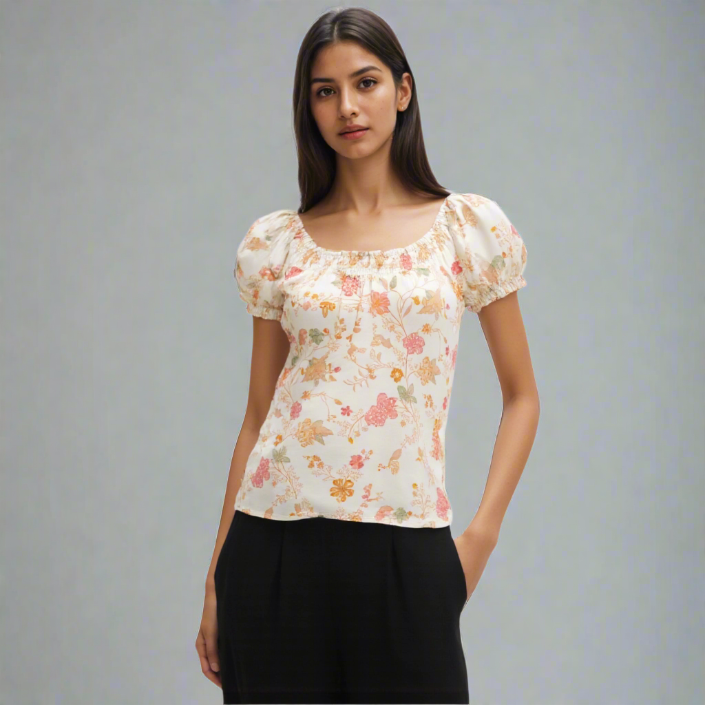 cotton floral puff sleeve blouse