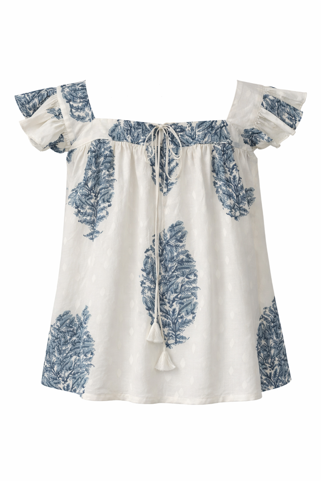 White dress with blue floral patterns on a white background